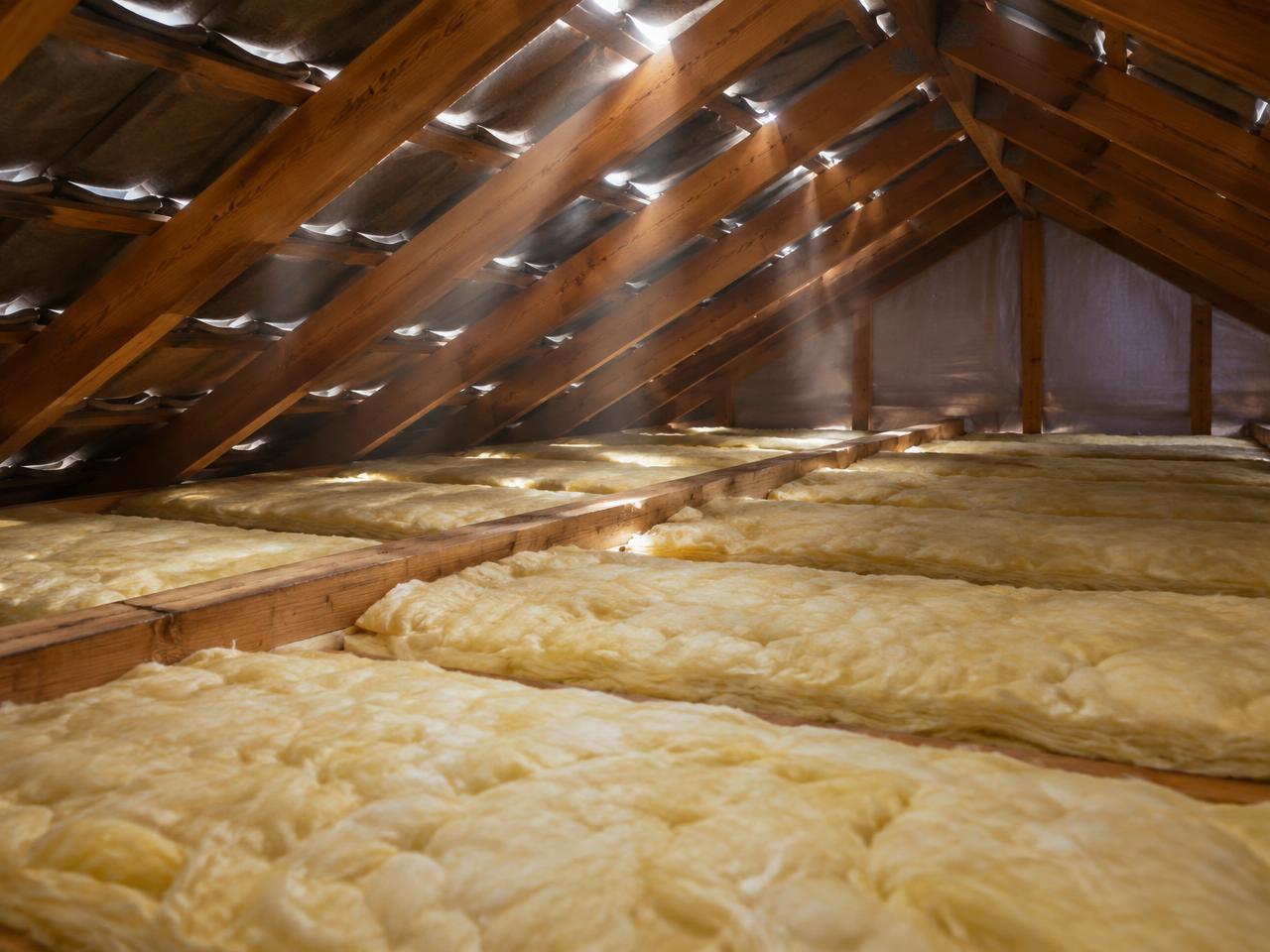 Roof cavity with insulation batts between timber joists