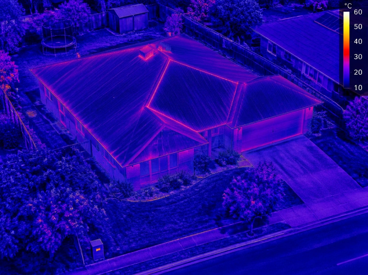 Thermal image of the same home after insulation, roof cool
